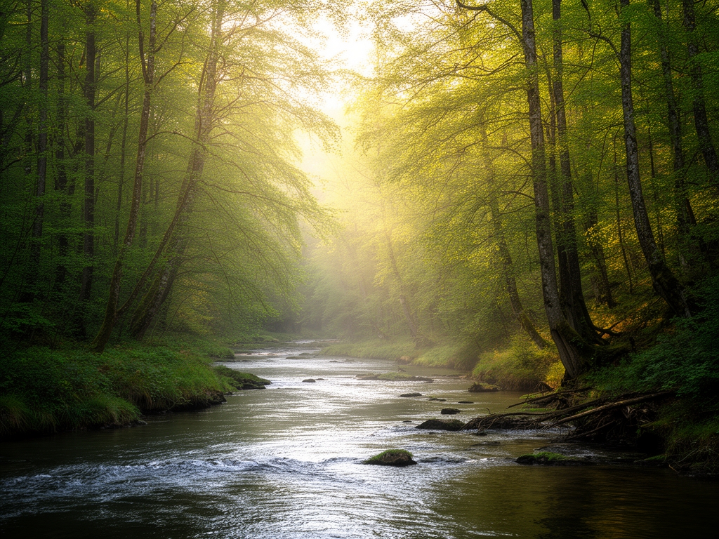 Panoramski pogled na netaknutu prirodu sa rekom koja protiče kroz gustу šumu, sa mekim jutarnjim svetlom koje prodire kroz krošnje drveća