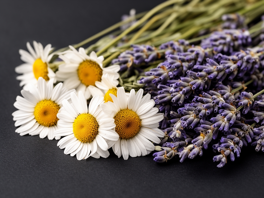 Detaljni makro snimak suvih botaničkih biljaka — kamilica, lavanda i gospina trava pažljivo sušene i složene na tamnoj površini
