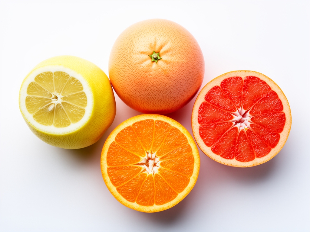 Presečene citrus voćke — limun, grejpfrut i pomorandža — sa vidljivim segmentima i vitaminima, fotografisane odozgo na beloj podlozi