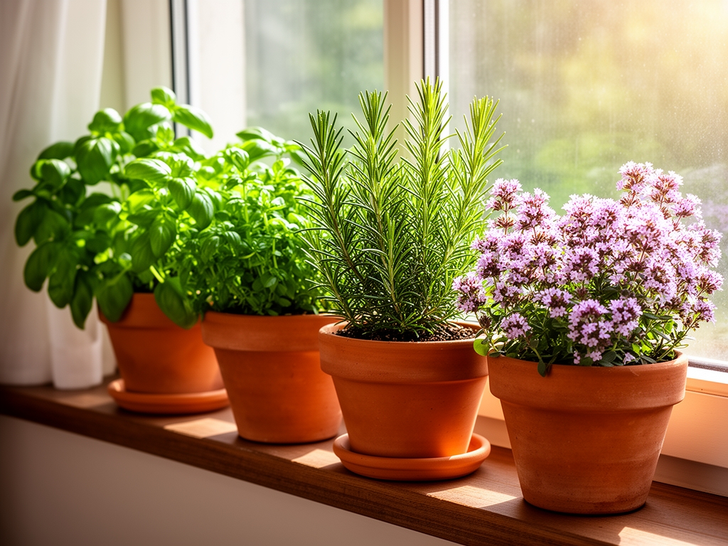 Sveze aromatične biljke — bosiljak, ruzmarin i majčina dušica — u terakota saksijama na seoskom prozorskom parapetu sa sunčevom svetlošću