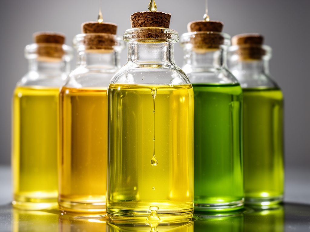 Staklene bočice sa biljnim uljima u raznim nijansama žute i zelene, sa kapljicama ulja koje padaju i naglašenim svetlosnim refleksijama