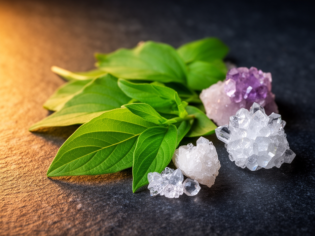 Makro fotografija svežih biljnih listova i prirodnih mineralnih kristala raspoređenih na tamnoj kamenoj površini, sa toplim bočnim svetlom koje naglašava teksture