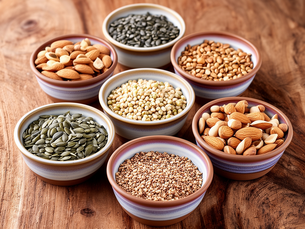 Različite vrste semenki, orašida i mineralima bogate namirnice u malim keramičkim zdjelicama na prirodnoj drvenoj podlozi