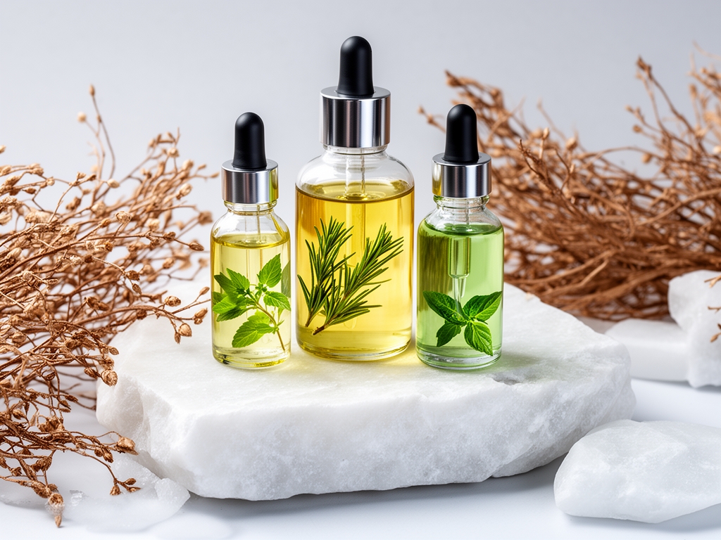 Elegantni kozmetički proizvodi u staklenim bočicama sa biljnim uljima i ekstraktima, raspoređeni na hladnom belom kamenu uz suhe botaničke grane